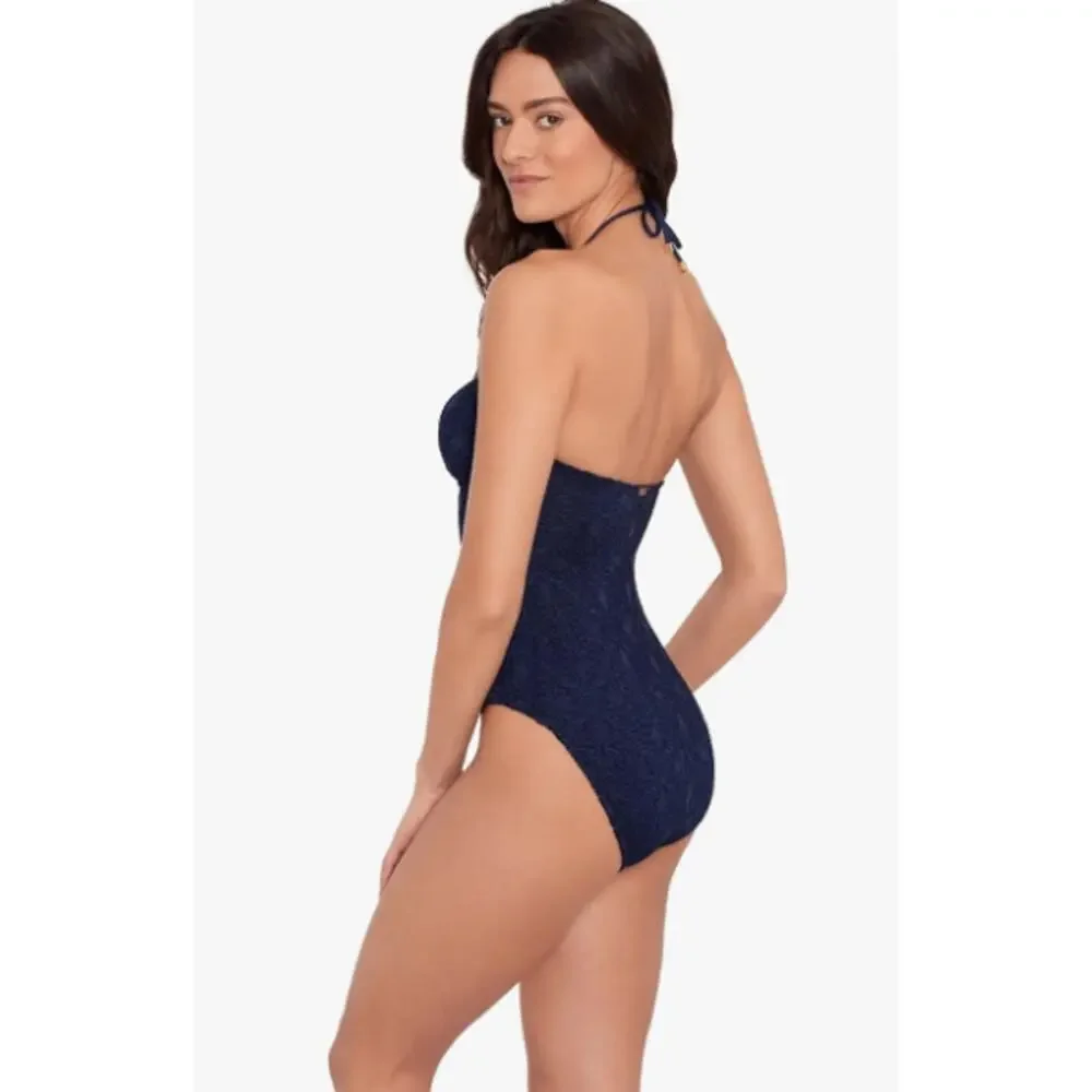LAUREN RALPH LAUREN One Piece Swimsuit Size 12 Navy Blue Crochet Bandeau NWT